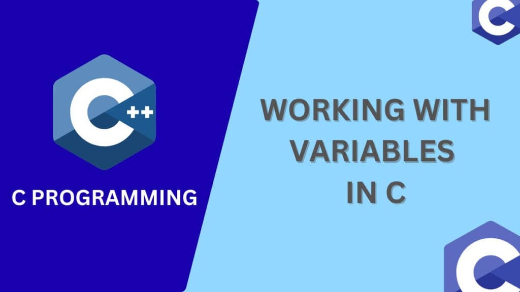 C programming language variable declaration syntax showing examples of int, float and char data types and their initialized values.