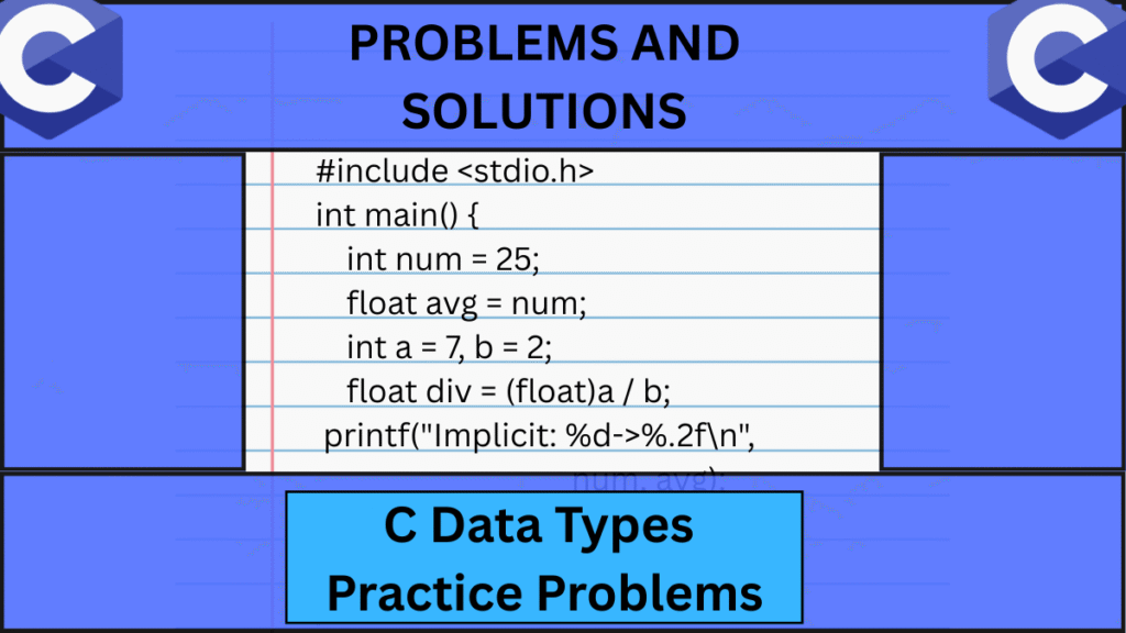 A table showing C data types like int, float, and char with their respective memory sizes on a flat beige background.