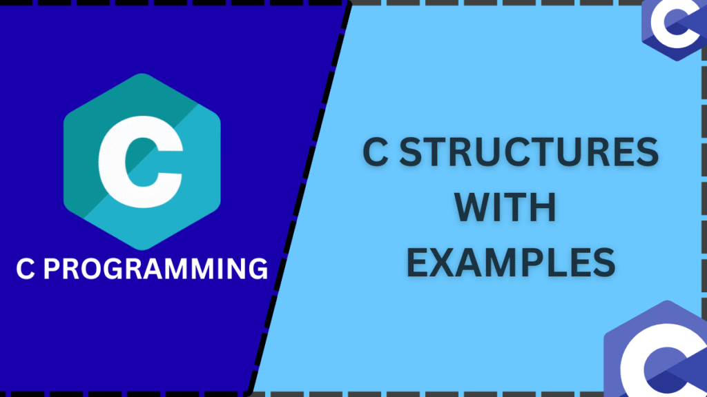 C Programming Structures tutorial featuring a struct declaration code snippet and memory layout diagram.