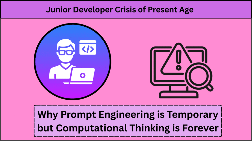 On the left, a circular icon shows a developer with a laptop and code symbol. On the right, a monitor icon with a magnifying glass and a warning triangle illustrates the challenge of debugging. At the bottom, a box reads "Why Prompt Engineering is Temporary but Computational Thinking is Forever".