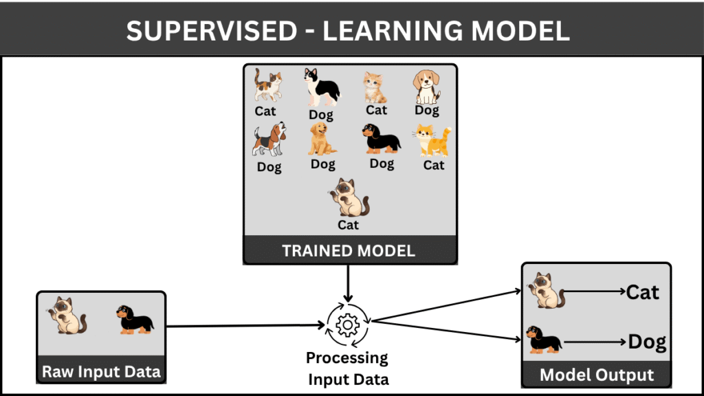 The image illustrates Supervised Learning, in which the model learns from labelled data.