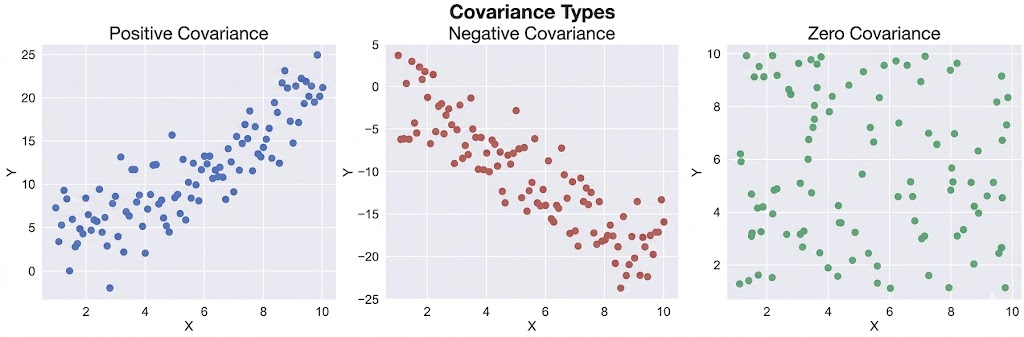 The image shows three types of covariance: Positive covariance on the left, negative covariance (middle), and zero covariance on the right.